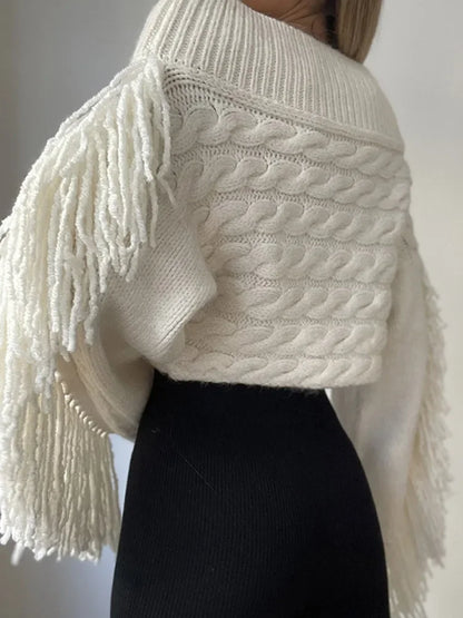 WHITE TASSEL KNITTED SWEATER