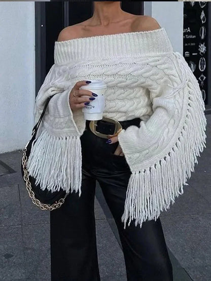 WHITE TASSEL KNITTED SWEATER